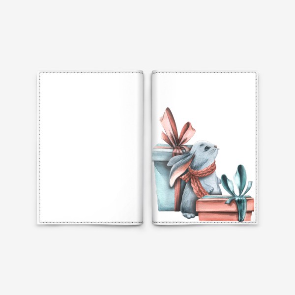 Обложка для паспорта «Милый зайчик с подарочными коробками. Новогодний. Акварель.»