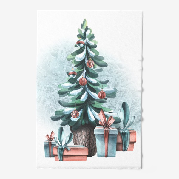 Полотенце «Новогодняя елка, подарки, снег. Акварель.»