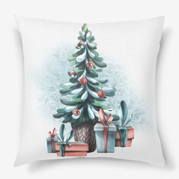 Подушка «Новогодняя елка, подарки, снег. Акварель.»