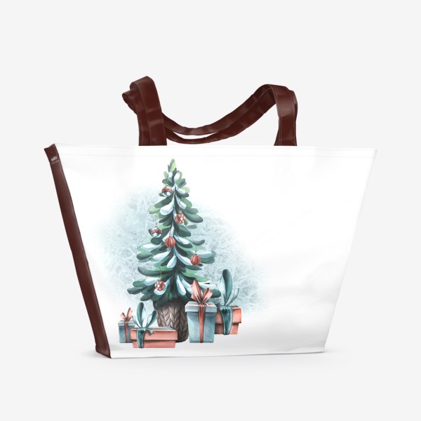 Пляжная сумка «Новогодняя елка, подарки, снег. Акварель.»