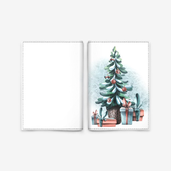 Обложка для паспорта «Новогодняя елка, подарки, снег. Акварель.»
