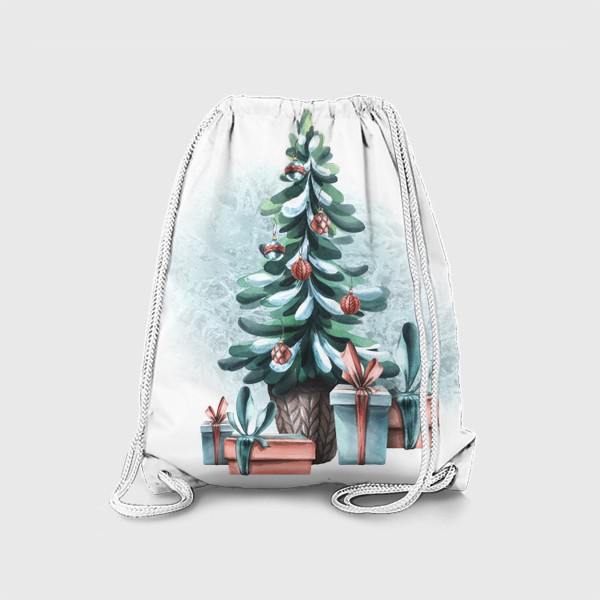 Рюкзак «Новогодняя елка, подарки, снег. Акварель.»