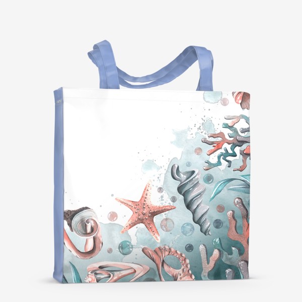 Сумка-шоппер «Ракушки, кораллы, морские звезды, водоросли. Акварель.»