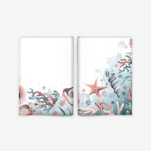 Обложка для паспорта «Ракушки, кораллы, морские звезды, водоросли. Акварель.»