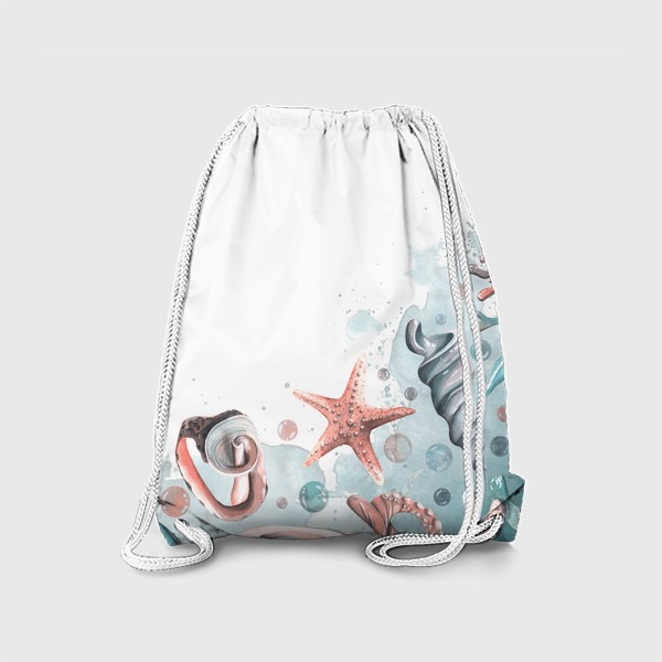 Рюкзак «Ракушки, кораллы, морские звезды, водоросли. Акварель.»