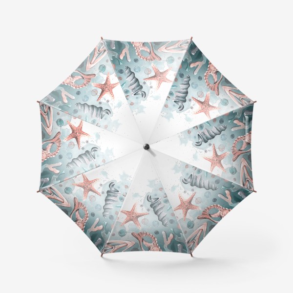 Зонт «Ракушки, кораллы, морские звезды, водоросли. Акварель.»
