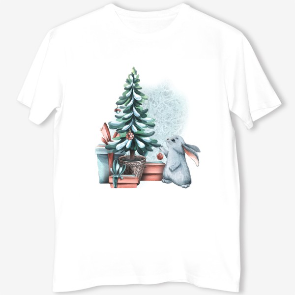 Футболка «Милый серый зайчик, новогодняя елка, подарки, снег. Акварель.»