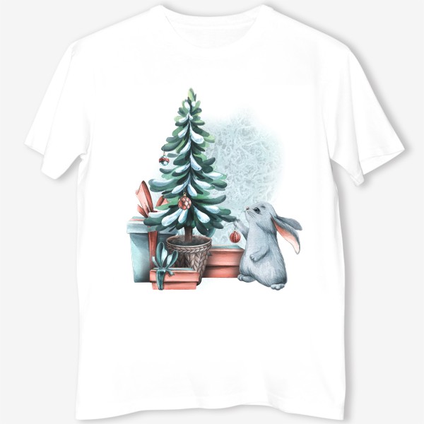 Футболка «Милый серый зайчик, новогодняя елка, подарки, снег. Акварель.»