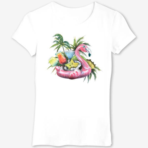 Футболка «Надувной розовый фламинго, пляжный бар, фрукты, коктейли, пальмы. Акварель.»
