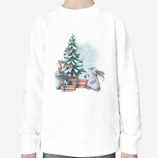 Свитшот &laquo;Милый серый зайчик, новогодняя елка, подарки, снег. Акварель.&raquo;