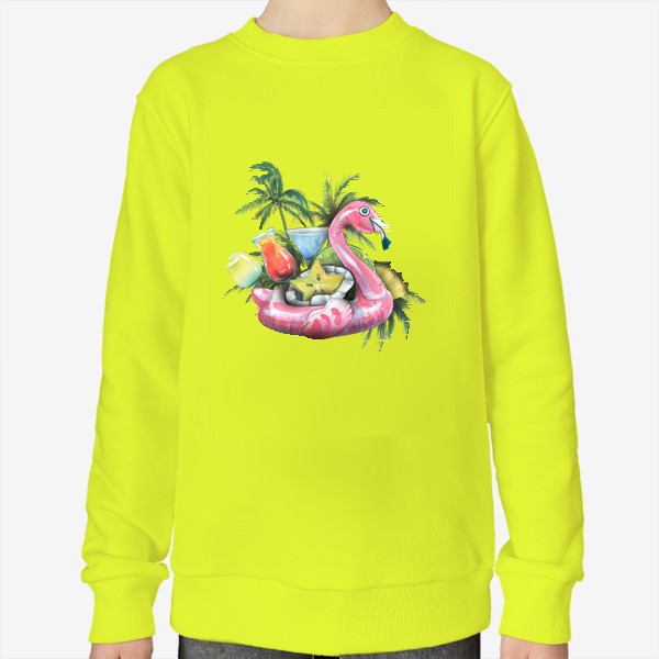 Свитшот &laquo;Надувной розовый фламинго, пляжный бар, фрукты, коктейли, пальмы. Акварель.&raquo;