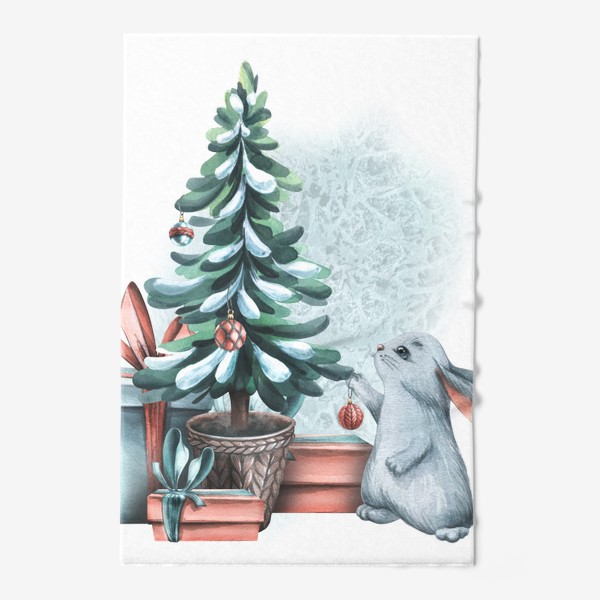 Полотенце &laquo;Милый серый зайчик, новогодняя елка, подарки, снег. Акварель.&raquo;
