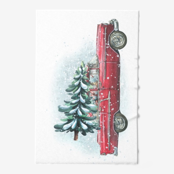 Полотенце «Красная ретро машина с новогодней елкой, снеговиком и подарками. Акварель. Новый год 2023»