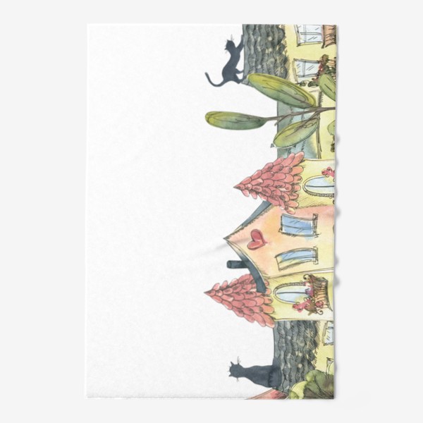 Полотенце &laquo;Милые европейские домики с котами. Акварель, графика.&raquo;