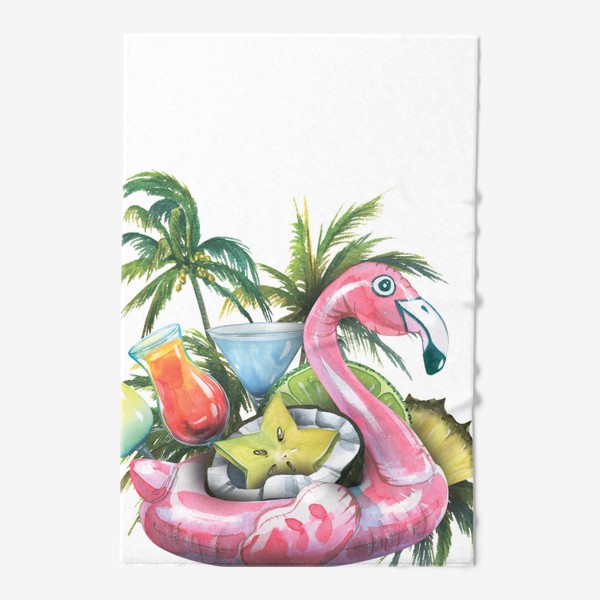 Полотенце &laquo;Надувной розовый фламинго, пляжный бар, фрукты, коктейли, пальмы. Акварель.&raquo;