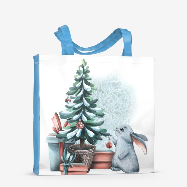Сумка-шоппер &laquo;Милый серый зайчик, новогодняя елка, подарки, снег. Акварель.&raquo;