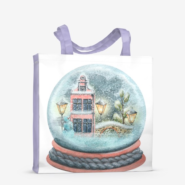 Сумка-шоппер «Стеклянный снежный шар с домиками и снегом. Акварель.»