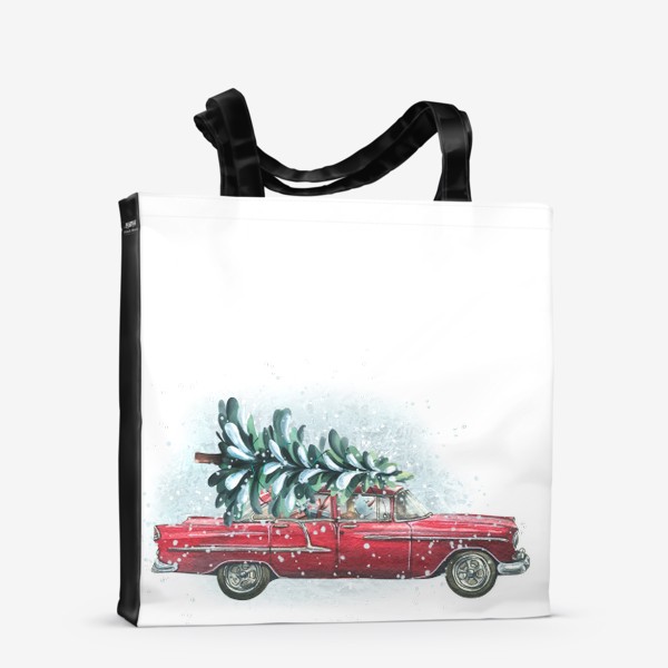 Сумка-шоппер «Красная ретро машина с новогодней елкой, снеговиком и подарками. Акварель. Новый год 2023»