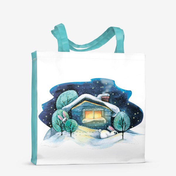Сумка-шоппер «Зимний домик в лесу в снегу с зайцами. Акварель.»