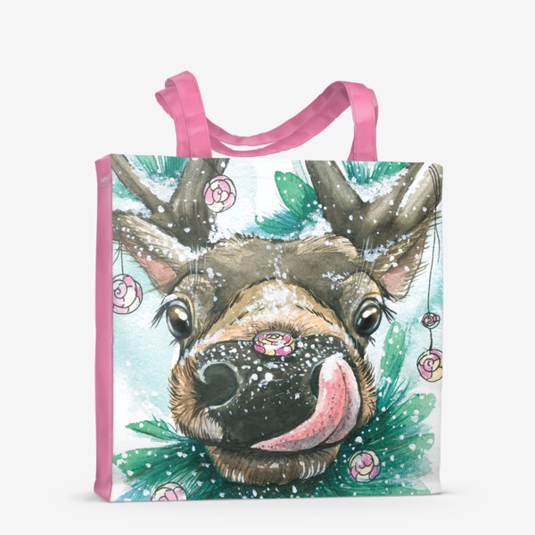 Сумка-шоппер «Милый олень, олененок с конфетами, елками и снегом. Зимний. Акварель.»