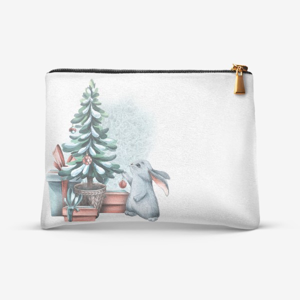 Косметичка «Милый серый зайчик, новогодняя елка, подарки, снег. Акварель.»