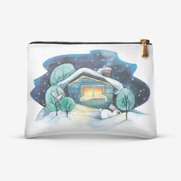 Косметичка «Зимний домик в лесу в снегу с зайцами. Акварель.»