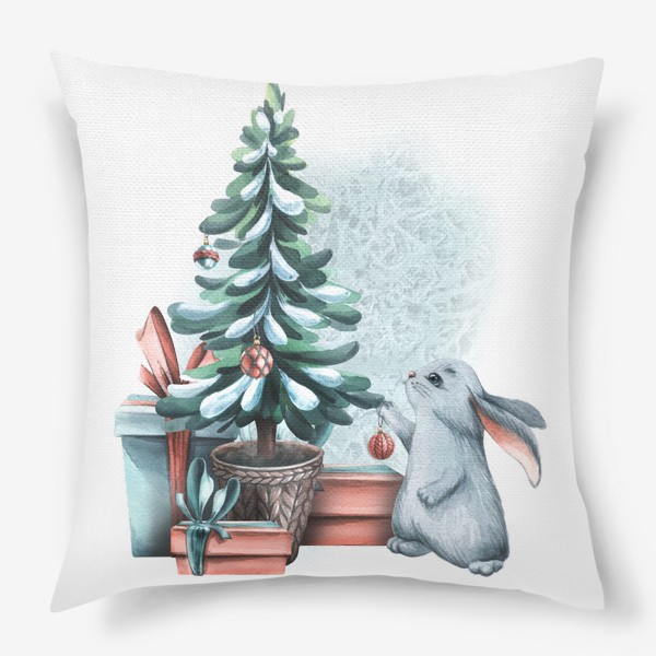 Подушка «Милый серый зайчик, новогодняя елка, подарки, снег. Акварель.»