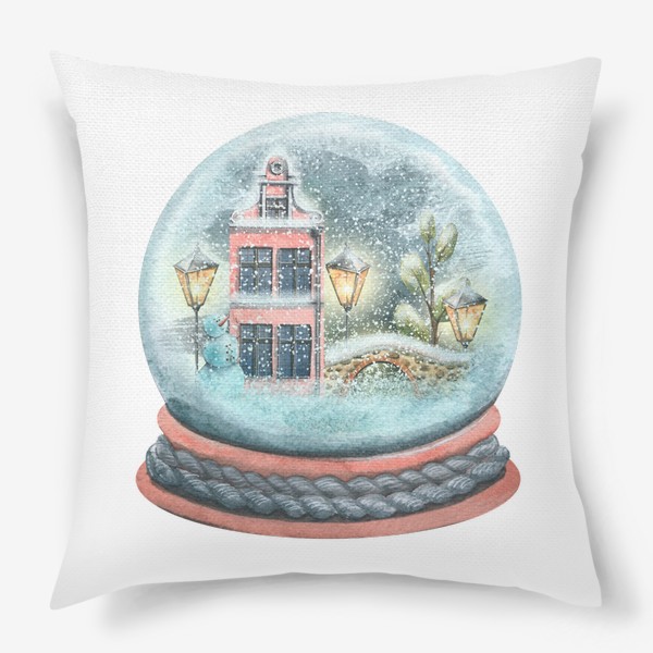 Подушка «Стеклянный снежный шар с домиками и снегом. Акварель.»