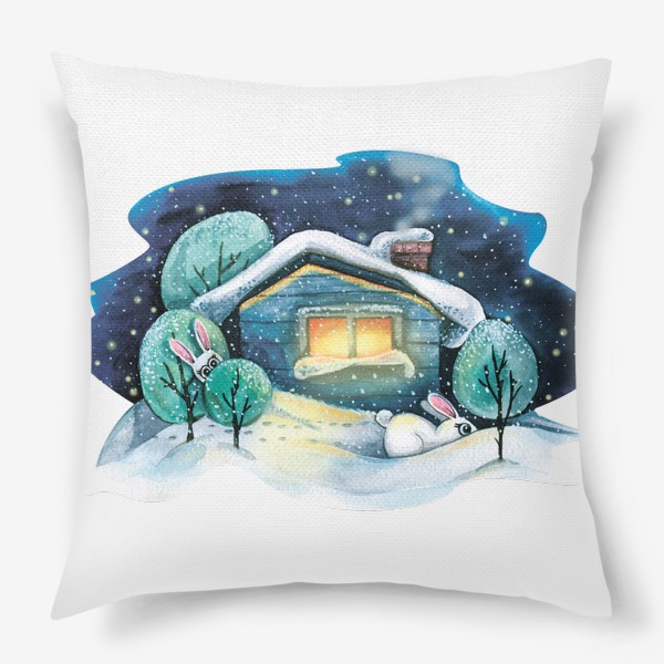 Подушка «Зимний домик в лесу в снегу с зайцами. Акварель.»