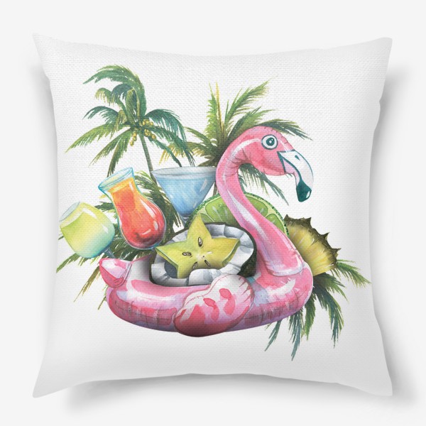Подушка «Надувной розовый фламинго, пляжный бар, фрукты, коктейли, пальмы. Акварель.»