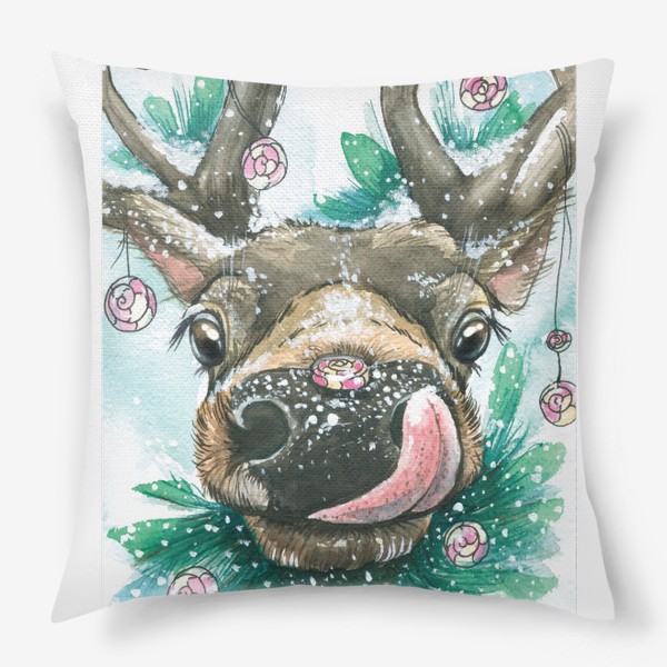 Подушка «Милый олень, олененок с конфетами, елками и снегом. Зимний. Акварель.»