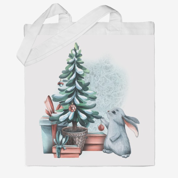 Сумка хб «Милый серый зайчик, новогодняя елка, подарки, снег. Акварель.»