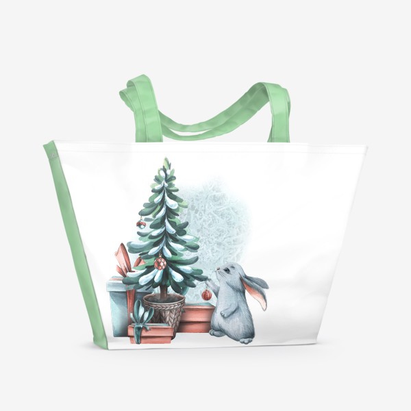 Пляжная сумка &laquo;Милый серый зайчик, новогодняя елка, подарки, снег. Акварель.&raquo;