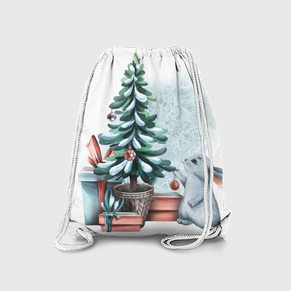 Рюкзак «Милый серый зайчик, новогодняя елка, подарки, снег. Акварель.»