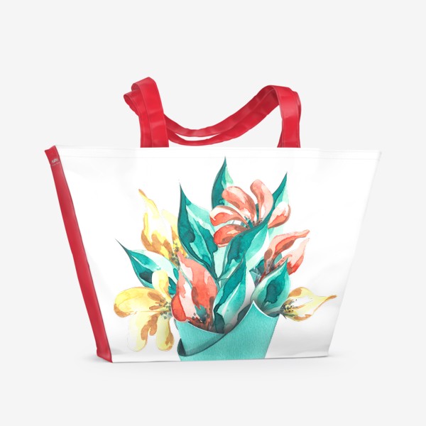Пляжная сумка «Букет цветов, стилизованные абстрактные цветы. Акварель.»