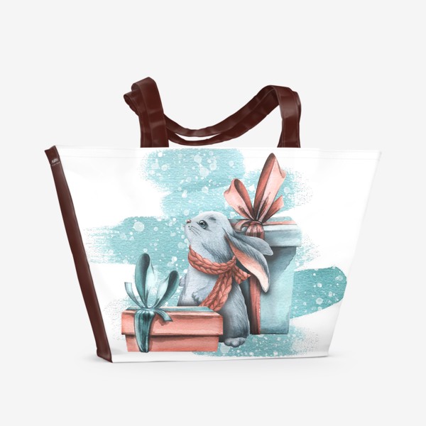 Пляжная сумка «Милый зайчик новогодний, подарки и снег. Год зайца 2023. Акварель.»