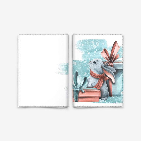 Обложка для паспорта «Милый зайчик новогодний, подарки и снег. Год зайца 2023. Акварель.»