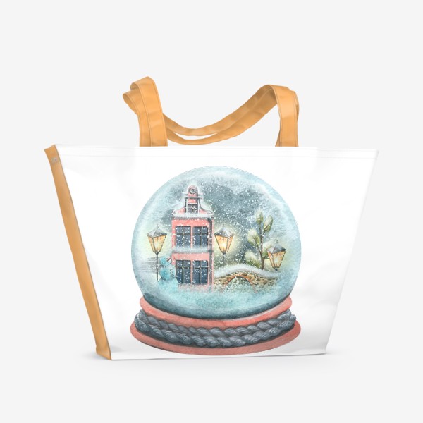Пляжная сумка &laquo;Стеклянный снежный шар с домиками и снегом. Акварель.&raquo;