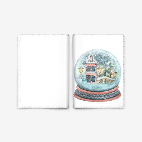 Обложка для паспорта «Стеклянный снежный шар с домиками и снегом. Акварель.»