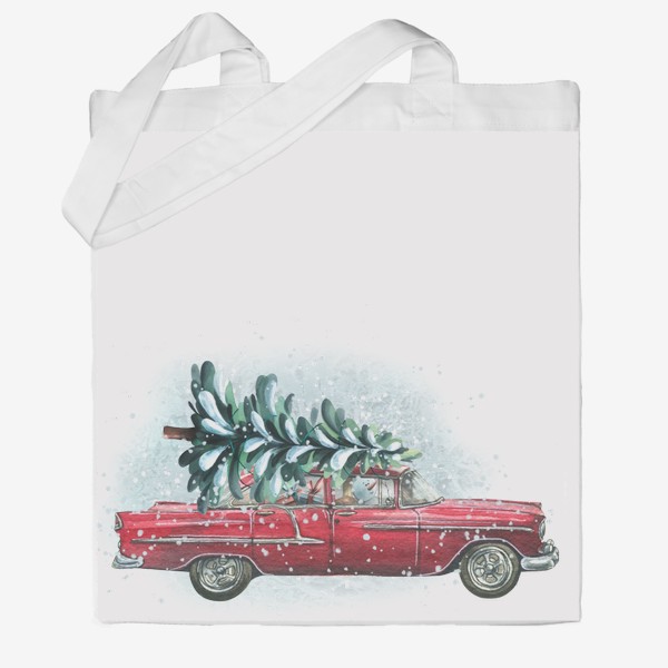 Сумка хб «Красная ретро машина с новогодней елкой, снеговиком и подарками. Акварель. Новый год 2023»