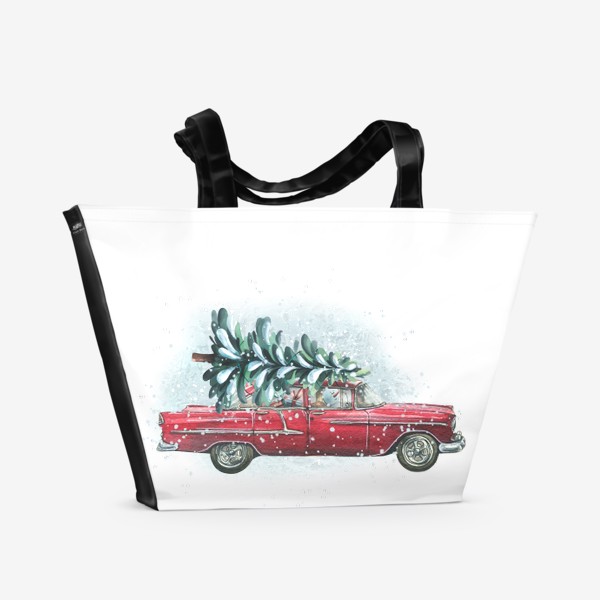 Пляжная сумка «Красная ретро машина с новогодней елкой, снеговиком и подарками. Акварель. Новый год 2023»
