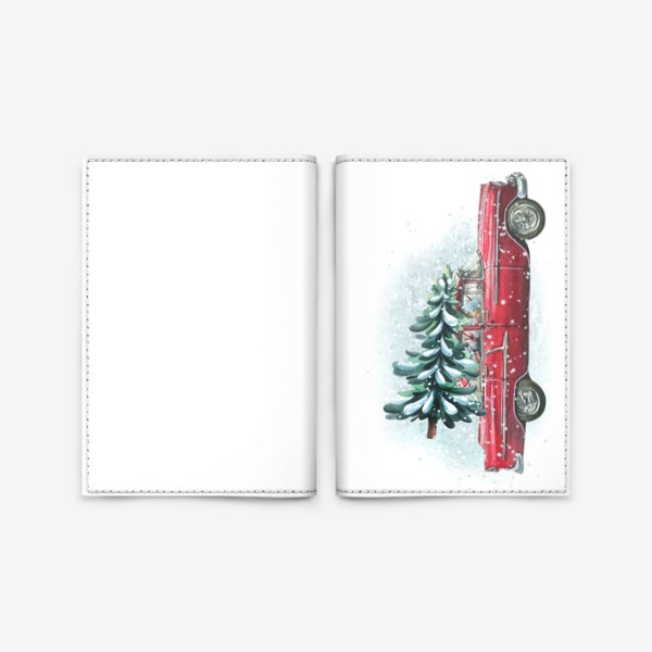 Обложка для паспорта «Красная ретро машина с новогодней елкой, снеговиком и подарками. Акварель. Новый год 2023»