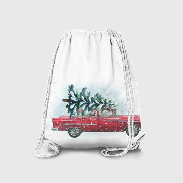 Рюкзак «Красная ретро машина с новогодней елкой, снеговиком и подарками. Акварель. Новый год 2023»