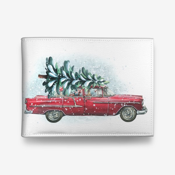 Кошелек «Красная ретро машина с новогодней елкой, снеговиком и подарками. Акварель. Новый год 2023»