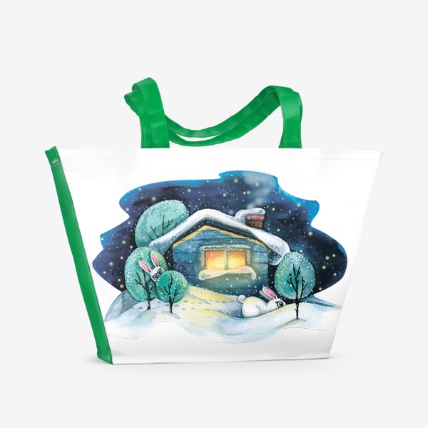 Пляжная сумка &laquo;Зимний домик в лесу в снегу с зайцами. Акварель.&raquo;