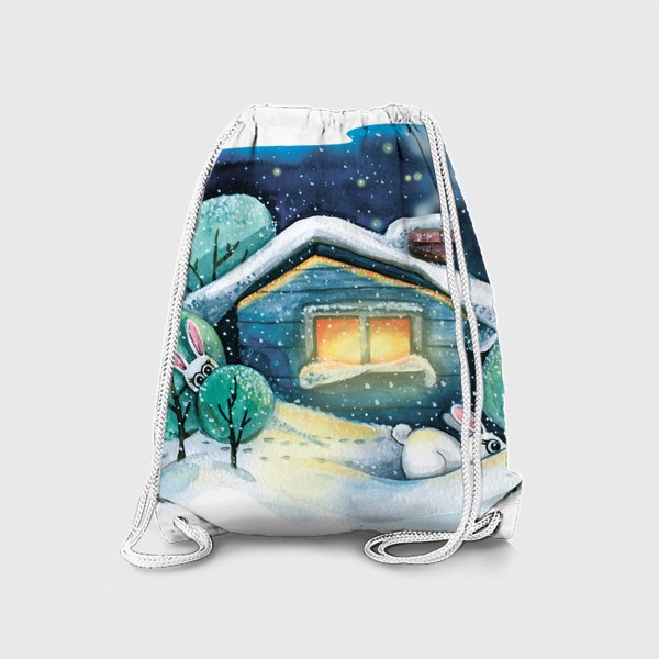 Рюкзак «Зимний домик в лесу в снегу с зайцами. Акварель.»