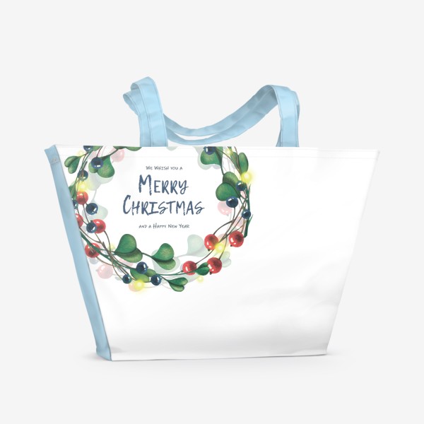 Пляжная сумка &laquo;Рождественский венок с ягодками илисточками. Акварель.&raquo;