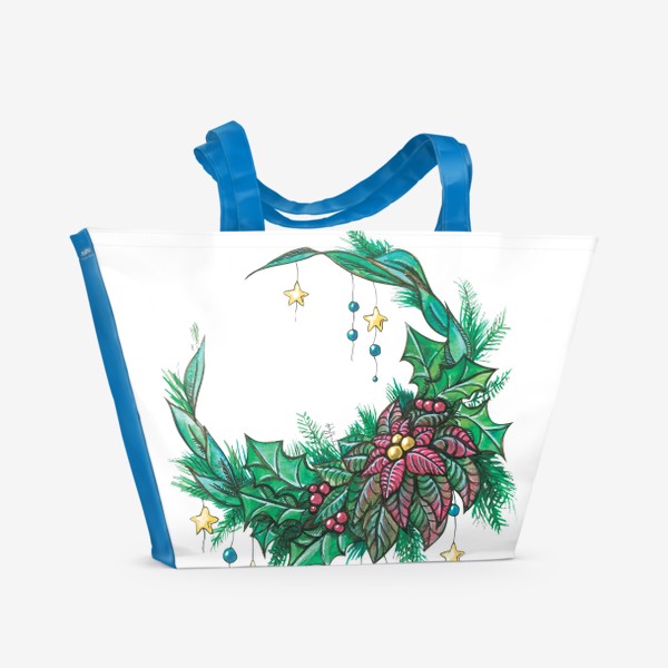 Пляжная сумка «Рождественский венок с пуансетией, звездочками и бусинами. Акварель. Графика.»