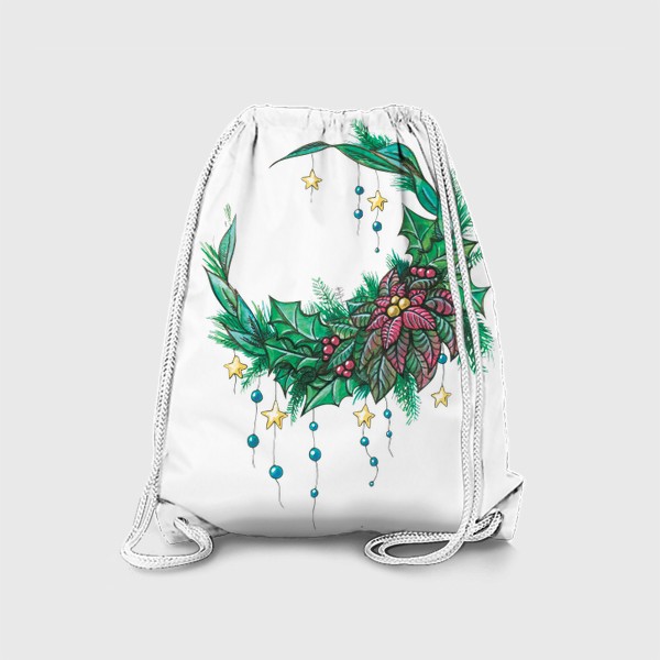 Рюкзак «Рождественский венок с пуансетией, звездочками и бусинами. Акварель. Графика.»