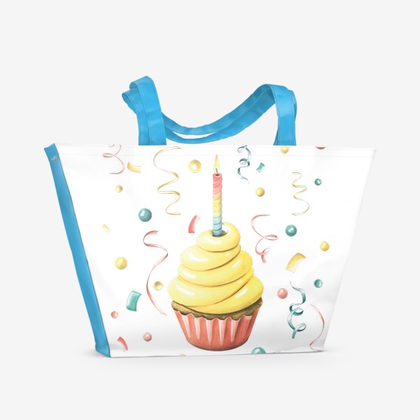 Пляжная сумка «Поздравительный капкейк со свечой, конфетти. Акварель.»